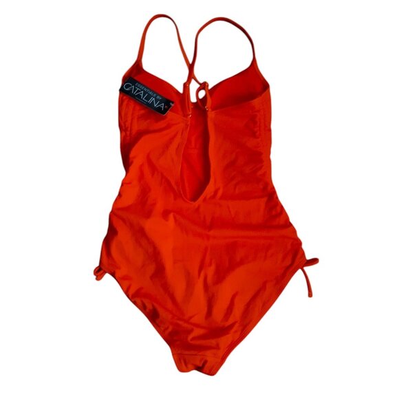 Catalina One Piece Swimsuit Side Ruched Adjustable Rib Knit Red Orange M 8-10 - Picture 4 of 7